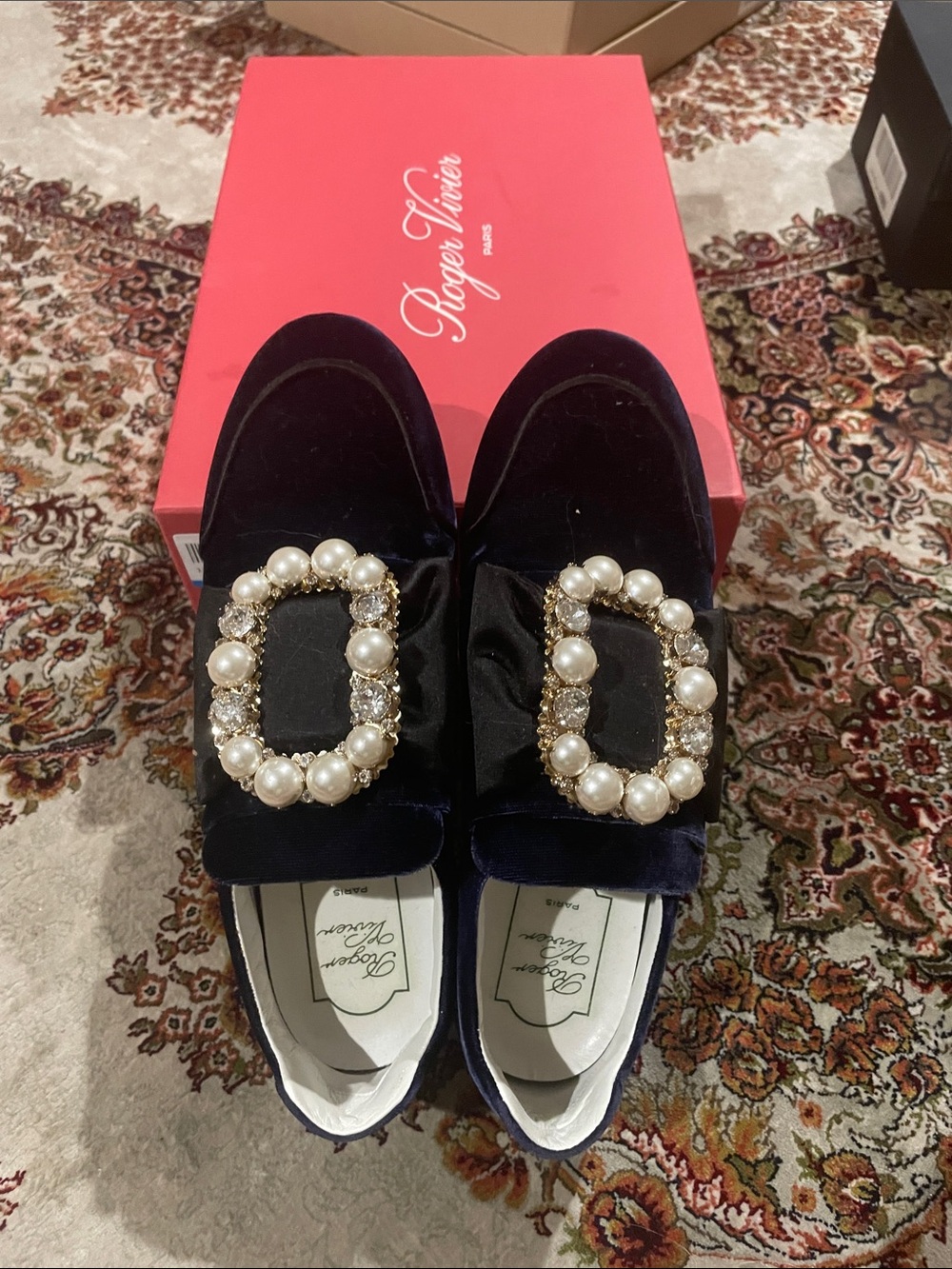 Roger Vivier Navy Velvet Pearl & Crystal Buckle Loafers